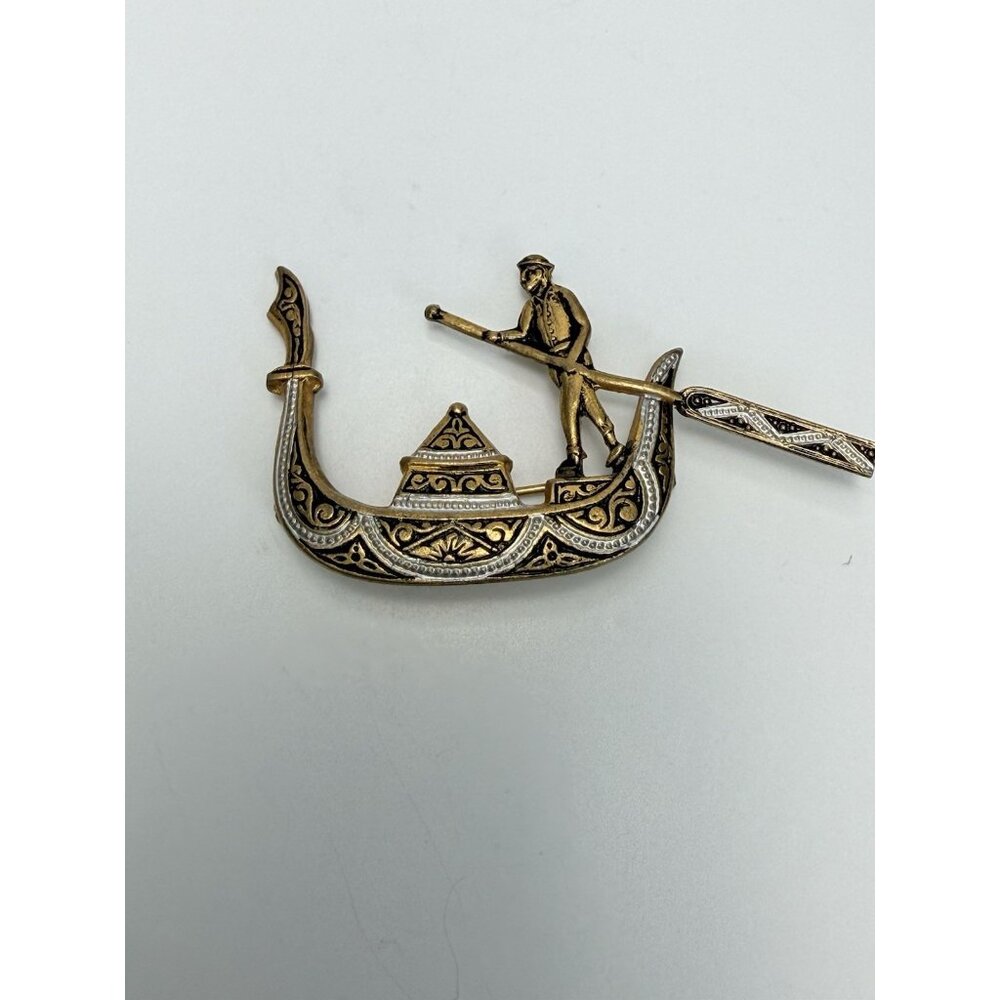 Vintage Spanish Damascene Venetian Gondola Brooch Pin Signed Spain Toledo Style